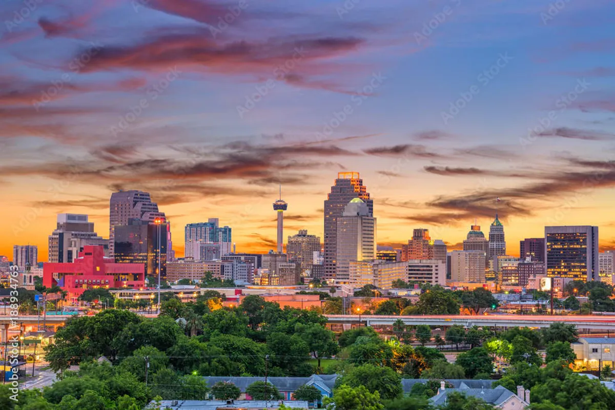 Texas city skyline at sunset