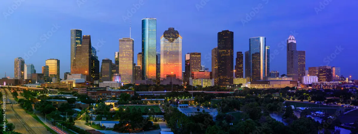 Texas city skyline at sunset